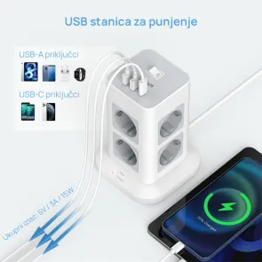 Razdelilnik 8 × AC + 3 USB 3600 W 2 m | TPS03-DE-C