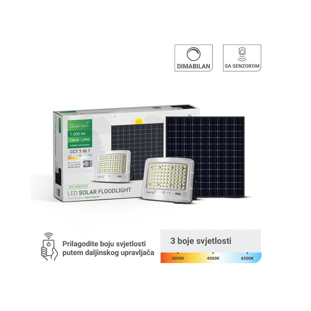 Solarni reflektor 100 W 1600 lm 3CCT IP65 | SFX-100W-3CCT